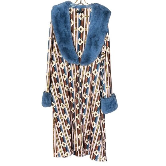 Aztec Print Faux Fur Collar & Wrists One Coin Button Closure Wool Blend Duster C - Picture 1 of 5
